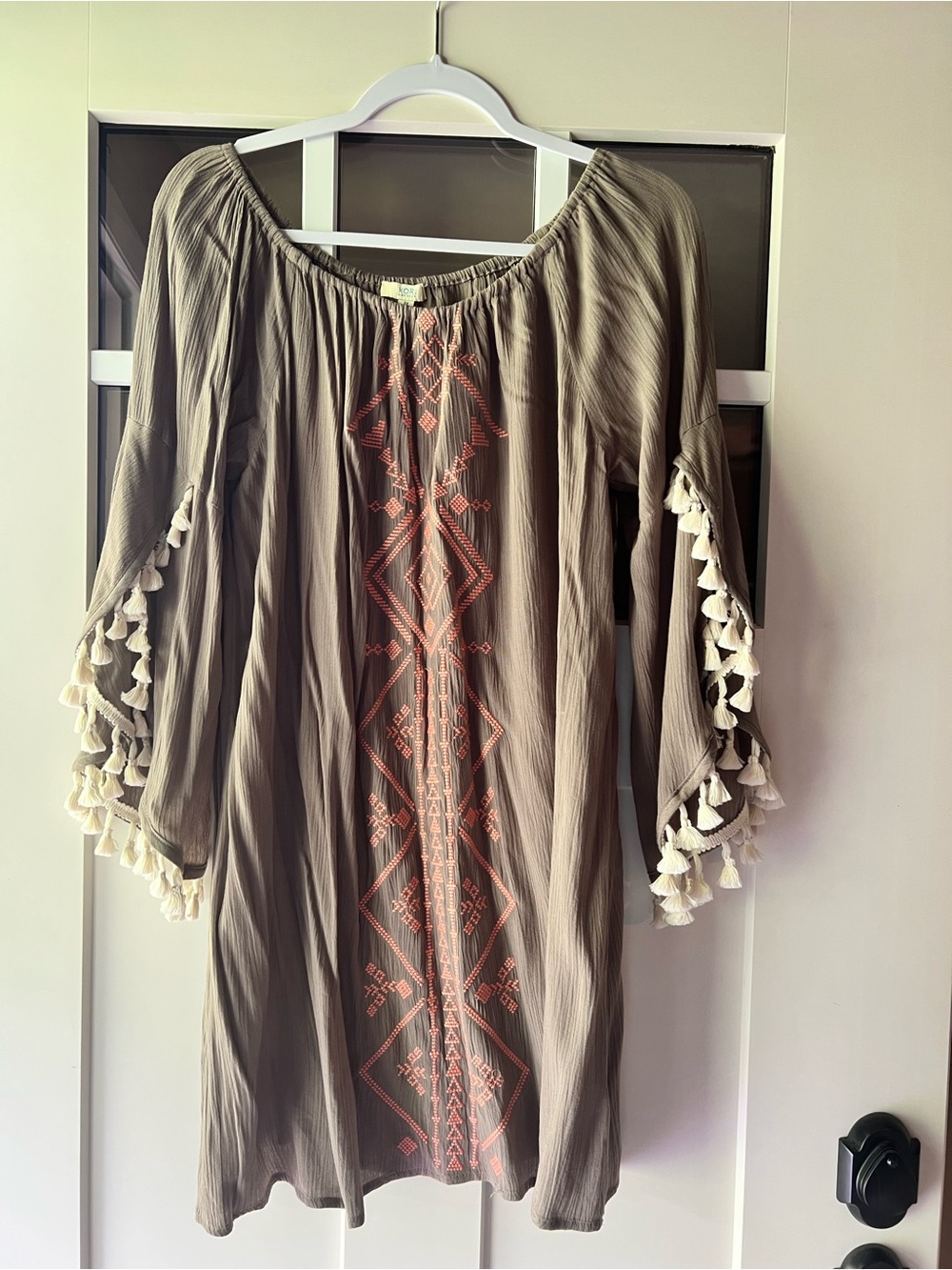 Kori Taupe Tunic with Coral Embroidery and Cream Tassels
